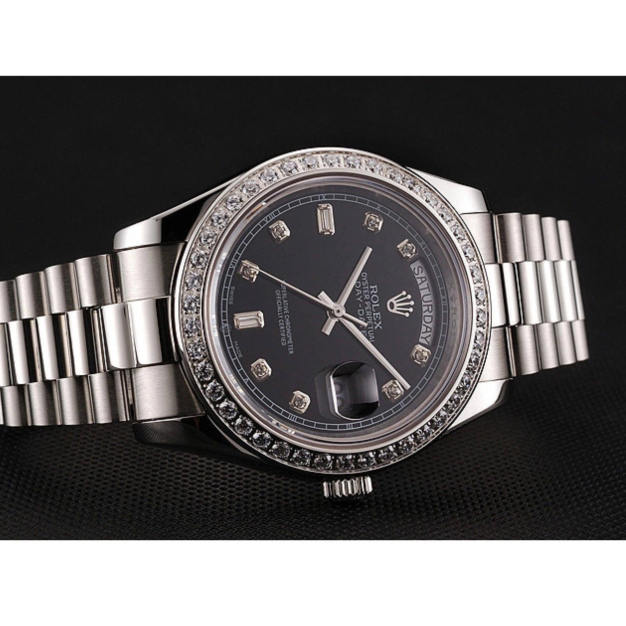 Aaa replica watch 1453966 Steel Swiss Diamond Case Diamond Rolex Dial Numerals Day-Date Stainless Black Bracelet 0817